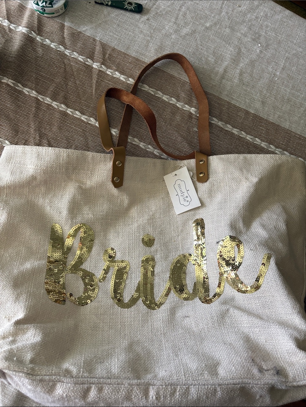 Bridal Sequin Canvas Tote Bag with Leather Handles